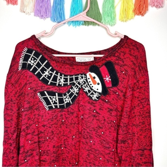Vintage Mandal Bay Embellished Winter Snowman Pearl Marled Red Sweater Size XXL - Picture 10 of 11